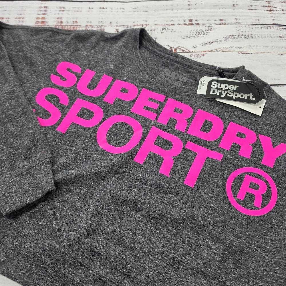 NEW Superdry Sport Active Batwing Crop Sweatshirt Women Size 8 Gray Pink NWT
